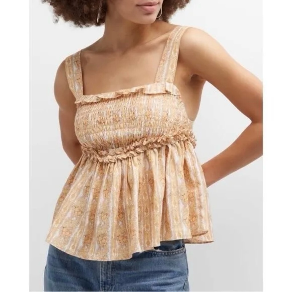 Nwt Lug Von Siga Camilla Mustard Print Linen Printed Smocked Ruffle Tank Top